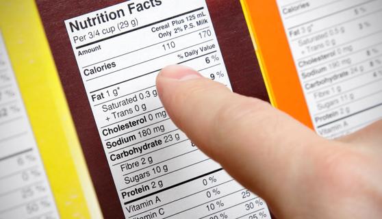 Finger pointing to food label nutrition facts, including calories