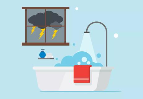 shower on during a thunderstorm