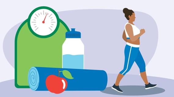 Person walking for exercise, with oversized scale, water bottle, fruit nearby